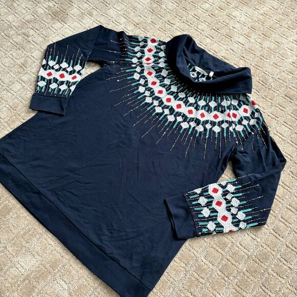 Soft Surroundings Embroidered Fair Isle Icelandic Sweater XL Nordic Beaded Cowl - Picture 2 of 12